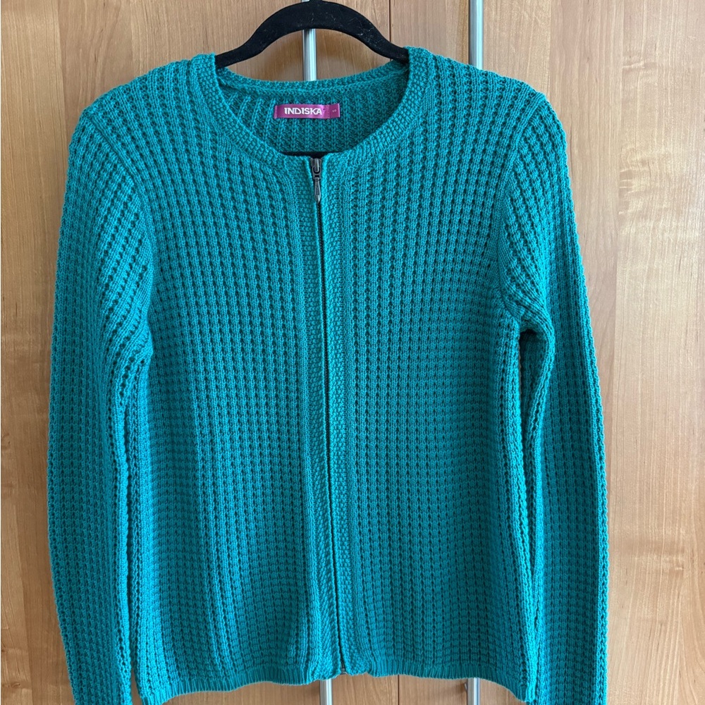 Indiska Teal Knit Zip-Up Cardigan Sweater (Size Small)